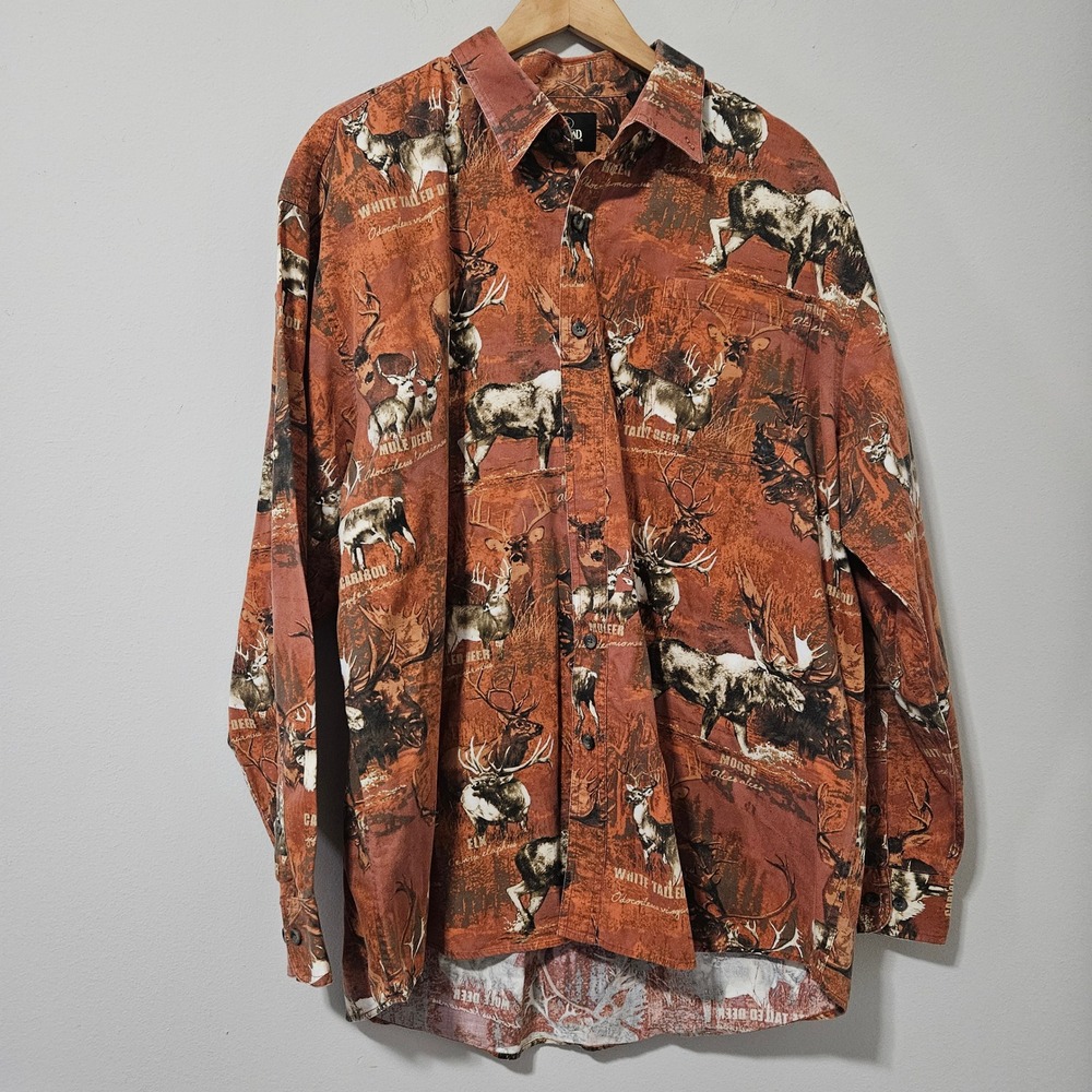 RedHead Wildlife Print Button Down Shirt XL Orange Moose‎ Elk Deer Cotton Mens